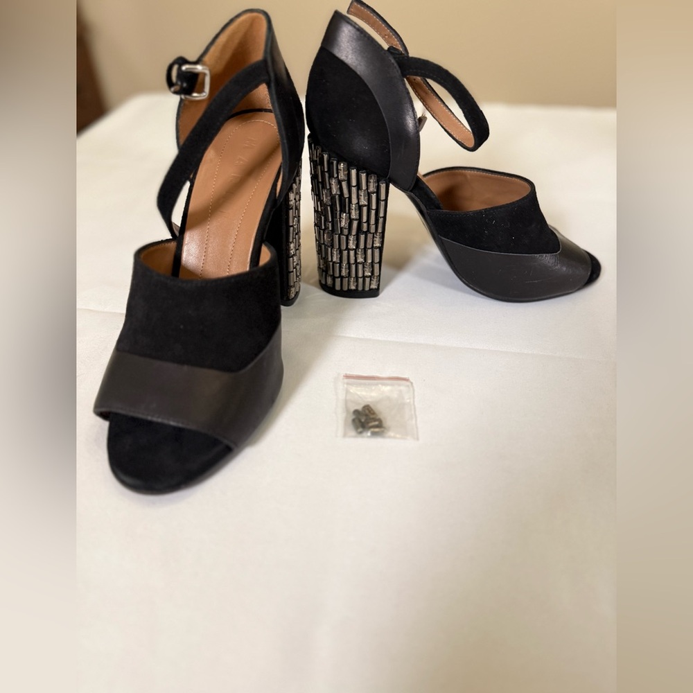 Marni Black Suede & Leather Block Heel Sandals w/ Embellished Heels | Size 39